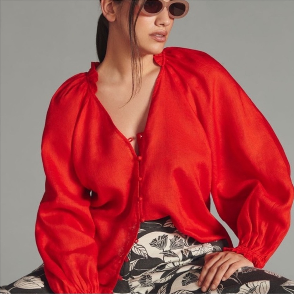 Anthropologie‎ | The Audie Linen Puff-Sleeve Blouse